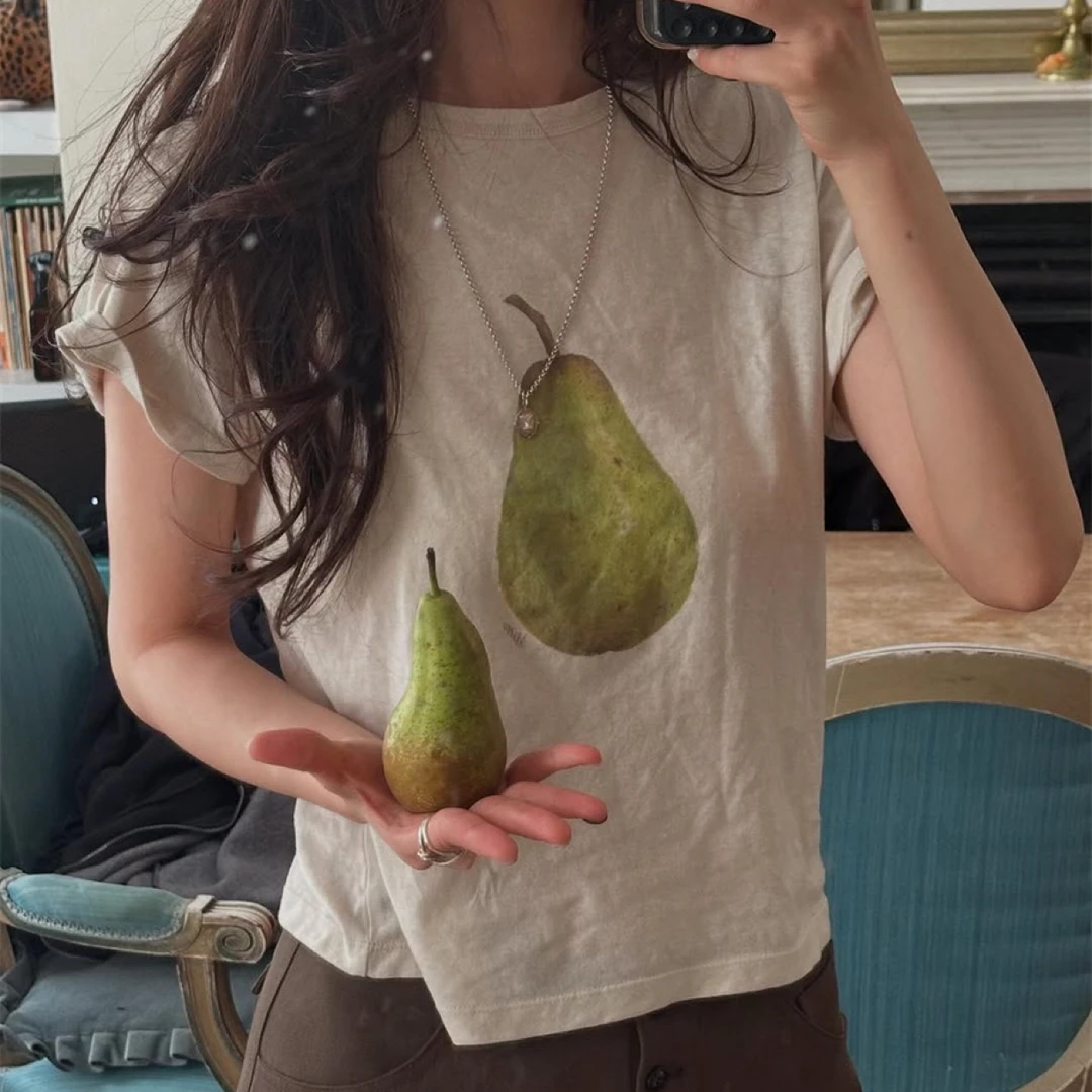 一颗梨子 秋季新款韩国设计师甜美小清新青梨印花短袖