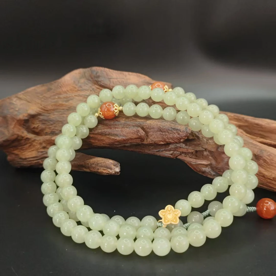 Z和田玉晴水圆珠项链（卡8）0680