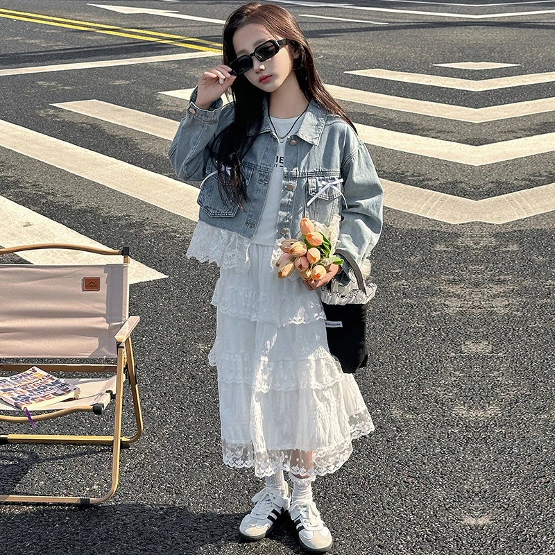 女童春款花边牛仔外套蕾丝裙套裙2025新款6-12岁15岁洋气牛仔套装