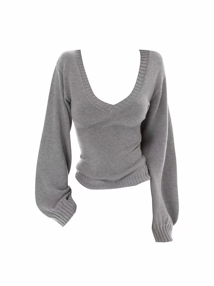 低胸大V领紧身显腰身灯笼袖毛衫秋季毛衣女