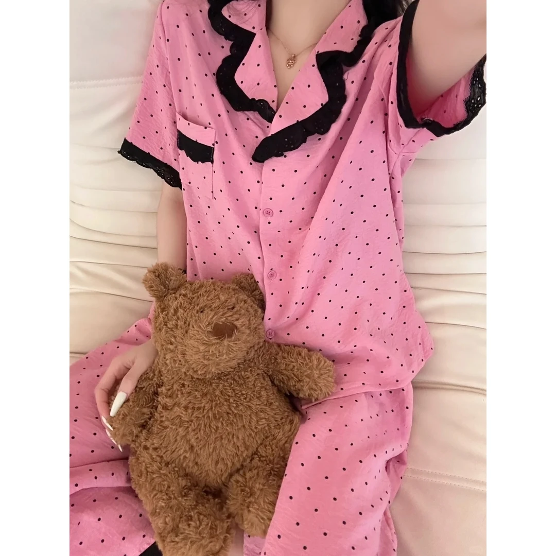 【粉色波点】甜美蕾丝开叉棉纱短袖睡衣女夏季新款可外穿套装家居服