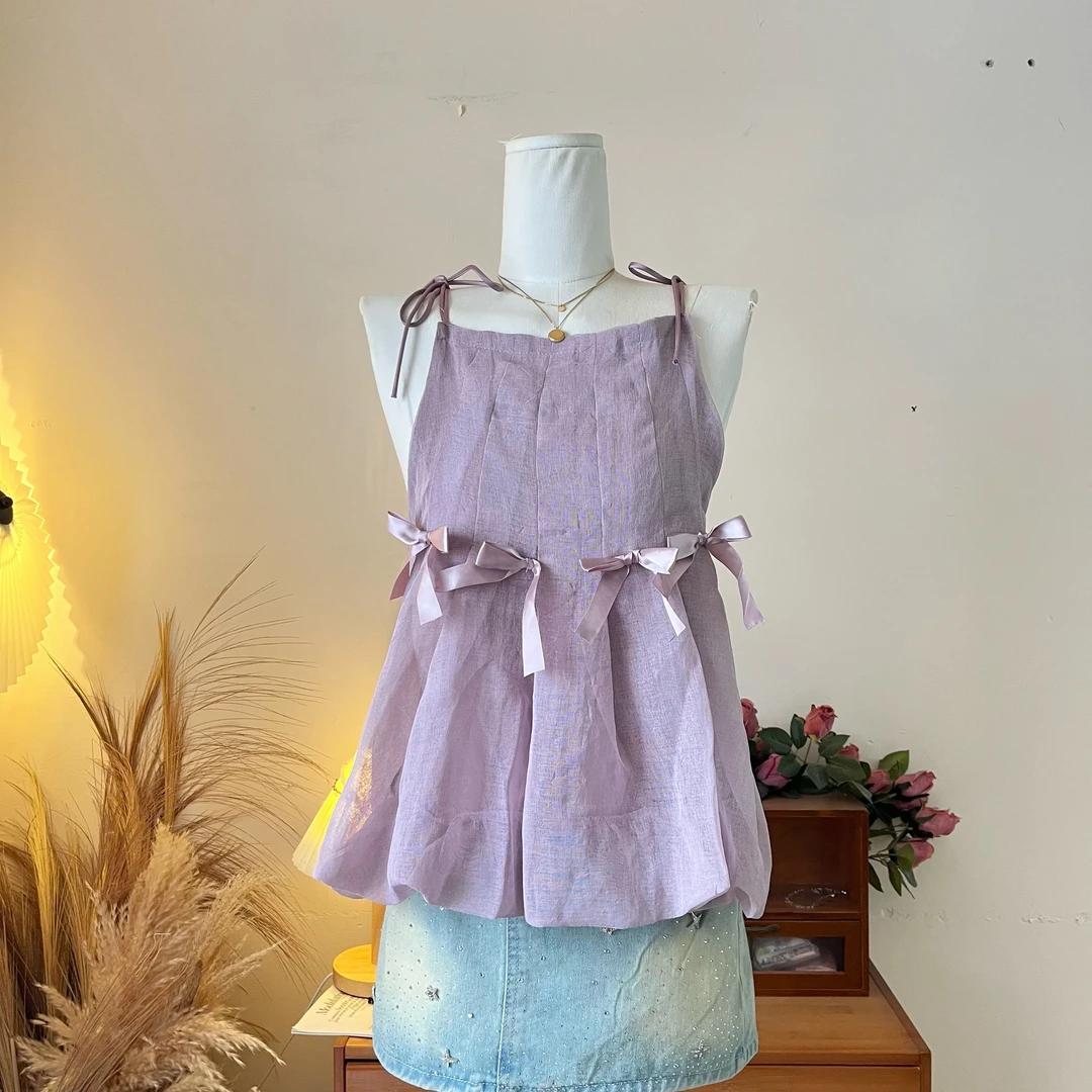 LHTE青青大码女装 新款百搭显瘦蝴蝶结蓬蓬紫色花苞吊带上衣C7753