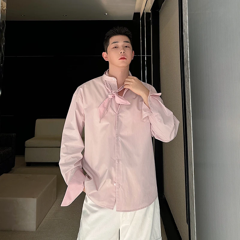 走秀款设计师高级骨感立领粉色衬衫男长袖小众系带设计发型师衬衣