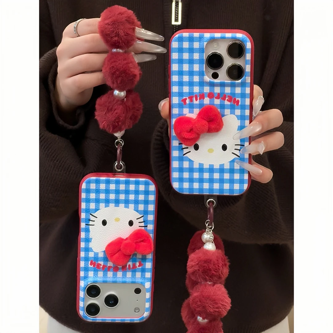 韩风格纹蝴蝶结KT猫挂绳适用苹果17华为P70秋冬手机壳vivoppo小米