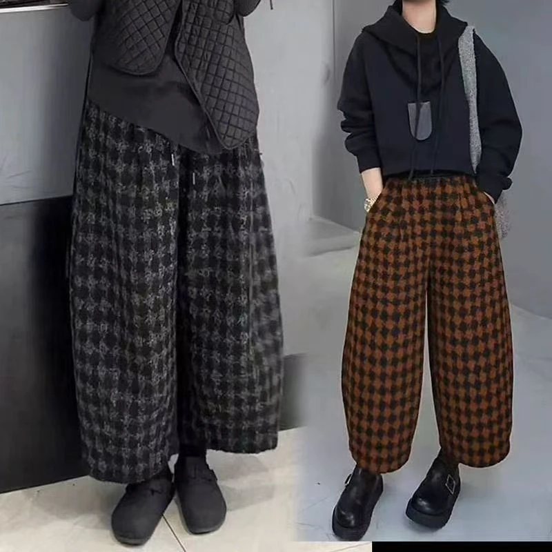 高级感文艺复古磨毛大码休闲裤秋冬新款文艺设计洋气百搭宽松格子
