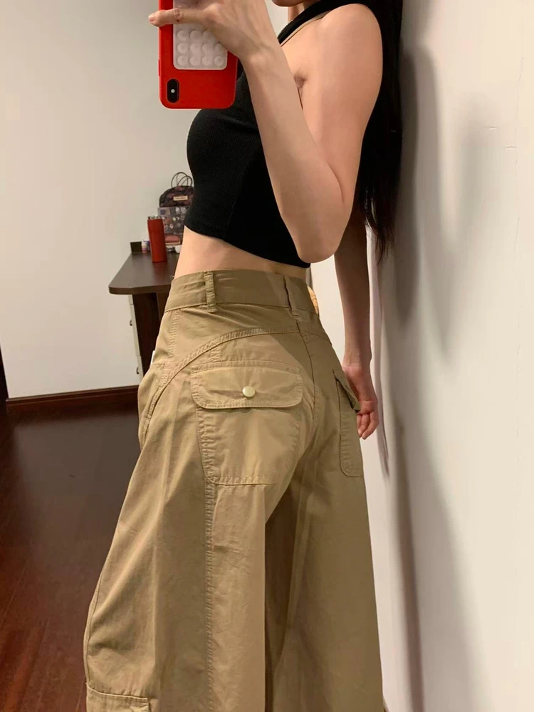 美式复古卡其色弯刀工装裤女秋季新款大码胖mm咖色百搭休闲阔腿裤