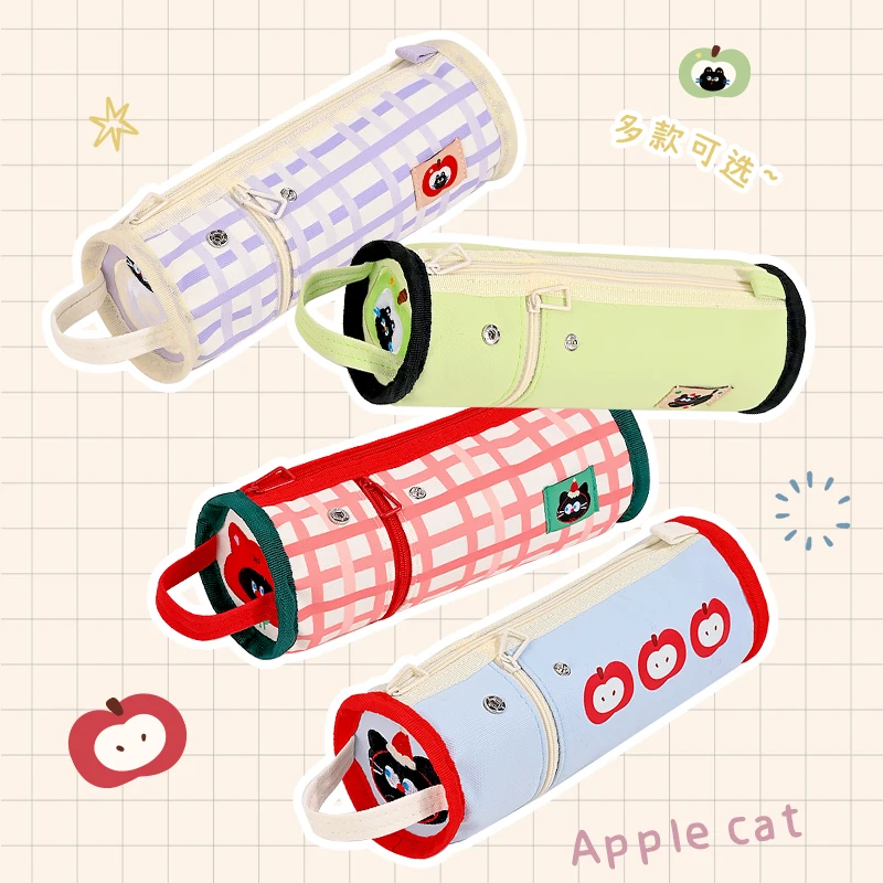 苹果猫可站立式笔袋初高中高颜值圆形笔筒式铅笔袋小众设计感笔盒