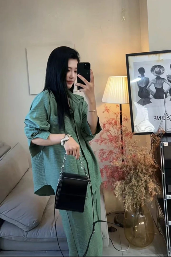 高级感休闲时尚衬衫套装女春夏季慵懒感绿色防晒衬衣阔腿裤两件套