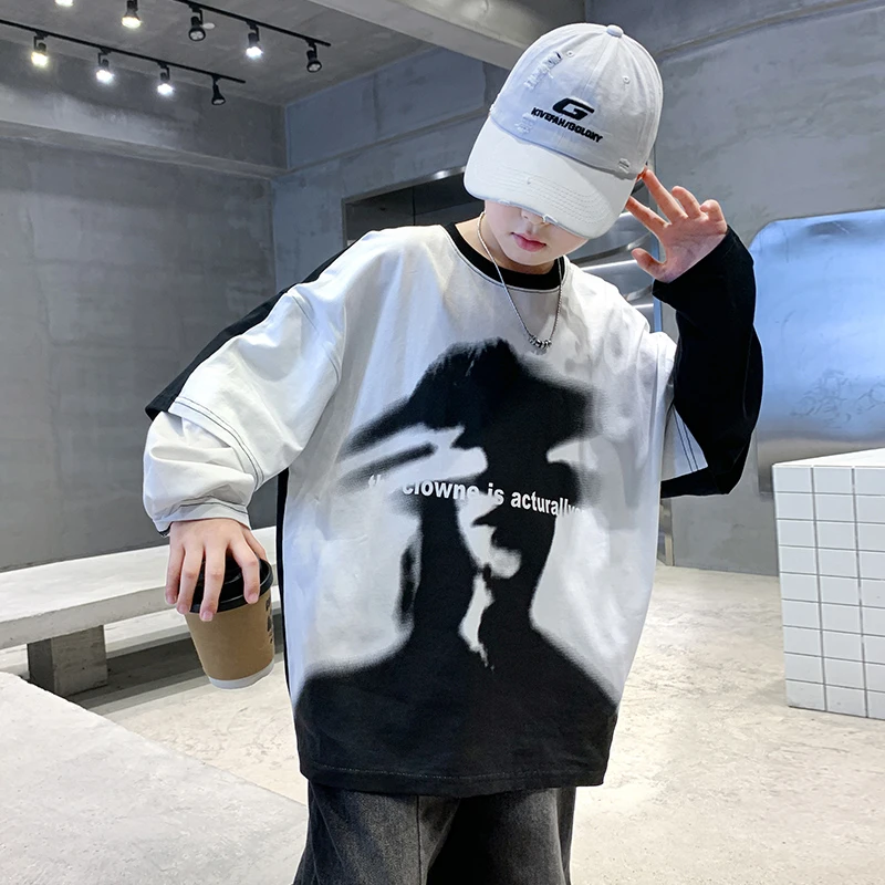 男童春秋款长袖T恤2025新款大童秋季男孩秋装拼接打底衫儿童上衣t