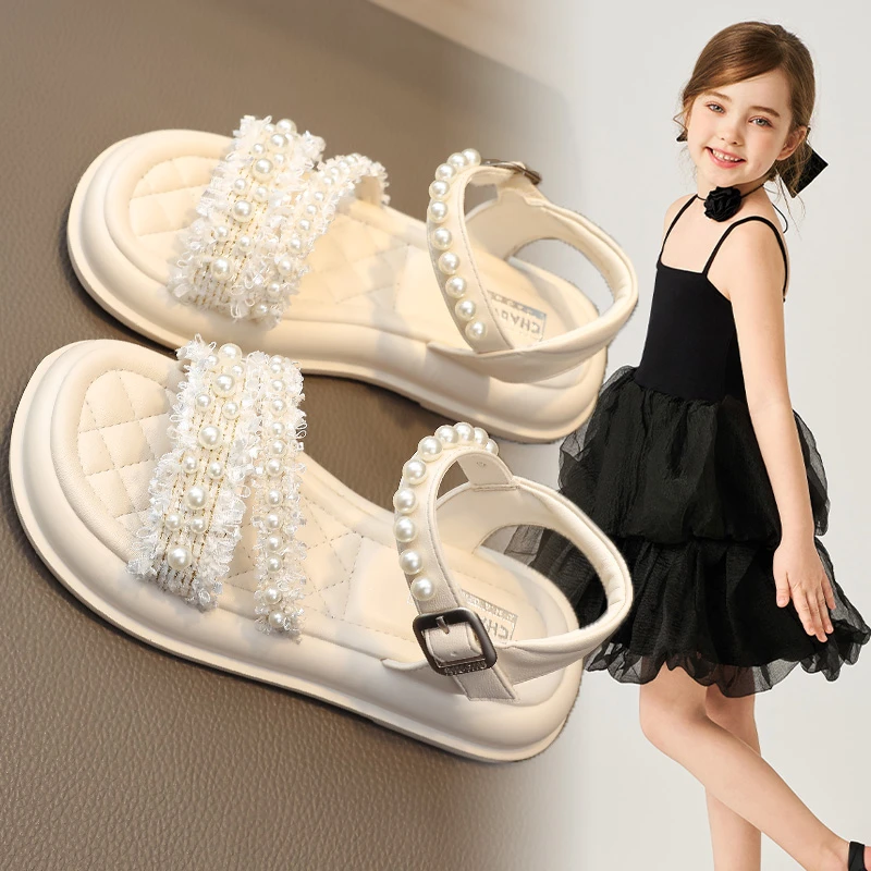 女童凉鞋夏款2025新款儿童软底珍珠公主中大童小女孩学生沙滩鞋子