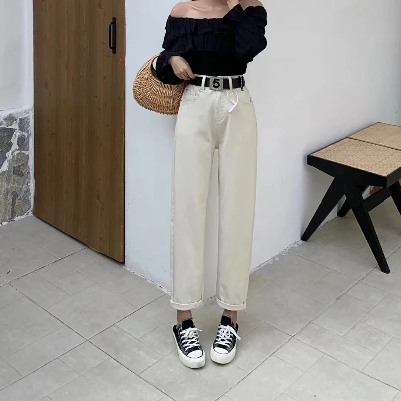 白色牛仔裤女2025春秋新款高腰显瘦宽松直筒九分萝卜老爹哈伦裤子