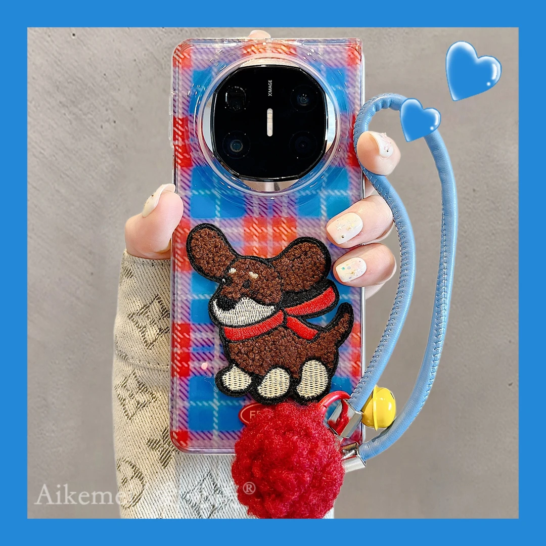 适用华为mateX6折叠屏手机壳MateX5典藏版格纹刺绣X3企鹅小狗小熊