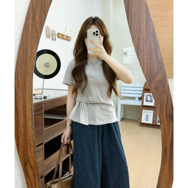 【燃燃定制】150小个子短款褶皱设计感T恤女不规则上衣-3963