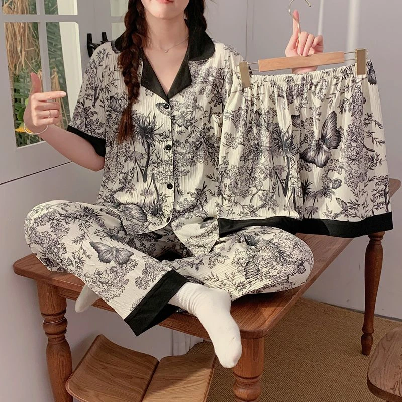 三件套云朵棉可外穿睡衣女夏季薄款短袖短裤长裤甜美家居服 3003