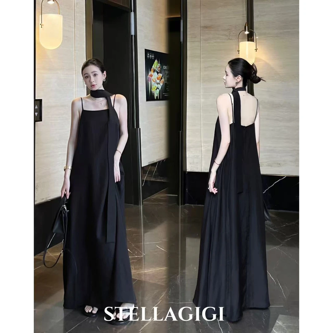 SG / 郭幂幂 SS 小众高级感 一字领飘带气质吊带长裙Q-20251529