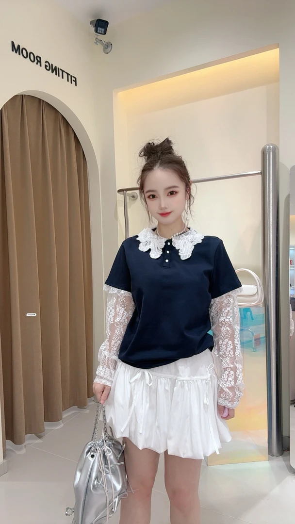 大观欧货春季新款欧货芭依女装宽松时尚休闲百搭两件套蕾丝袖短袖