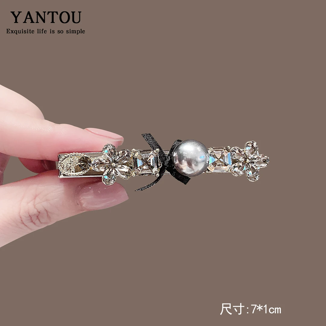水晶蝴蝶结侧边发夹高级感一字夹时尚百搭珍珠发卡镶钻刘海边夹女