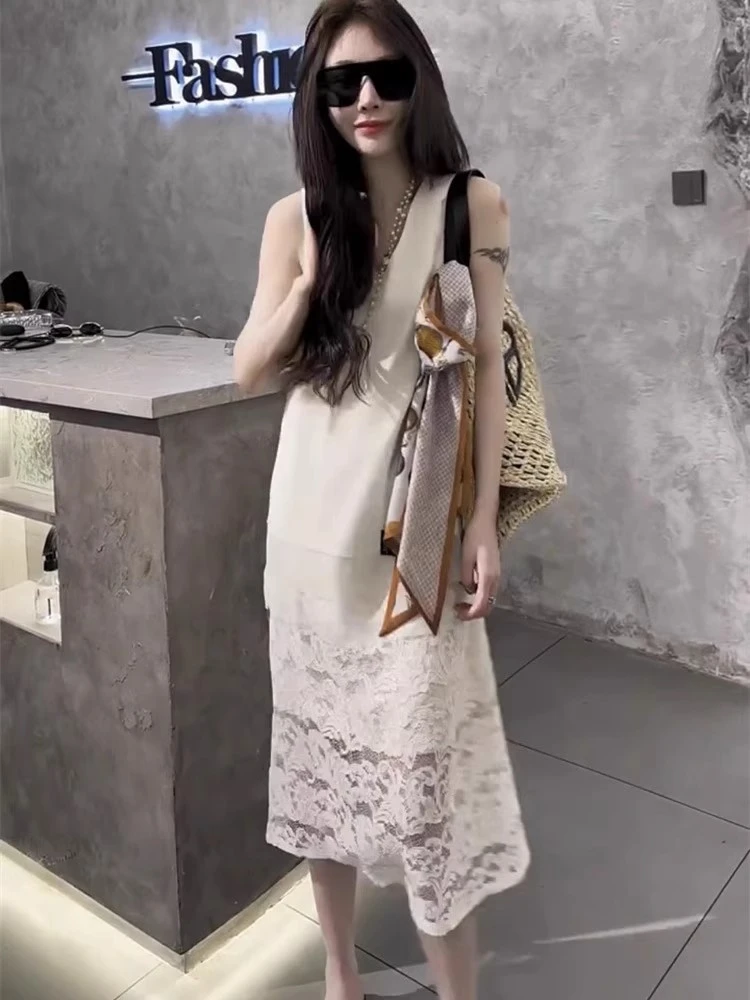 2025年春夏网红新款时尚精致轻奢高级感气质无袖蕾丝拼接连衣裙女