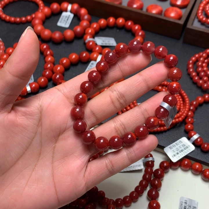 南红玛瑙未镶嵌手串9mm+牛血红圆珠手串 孤品 珍藏级