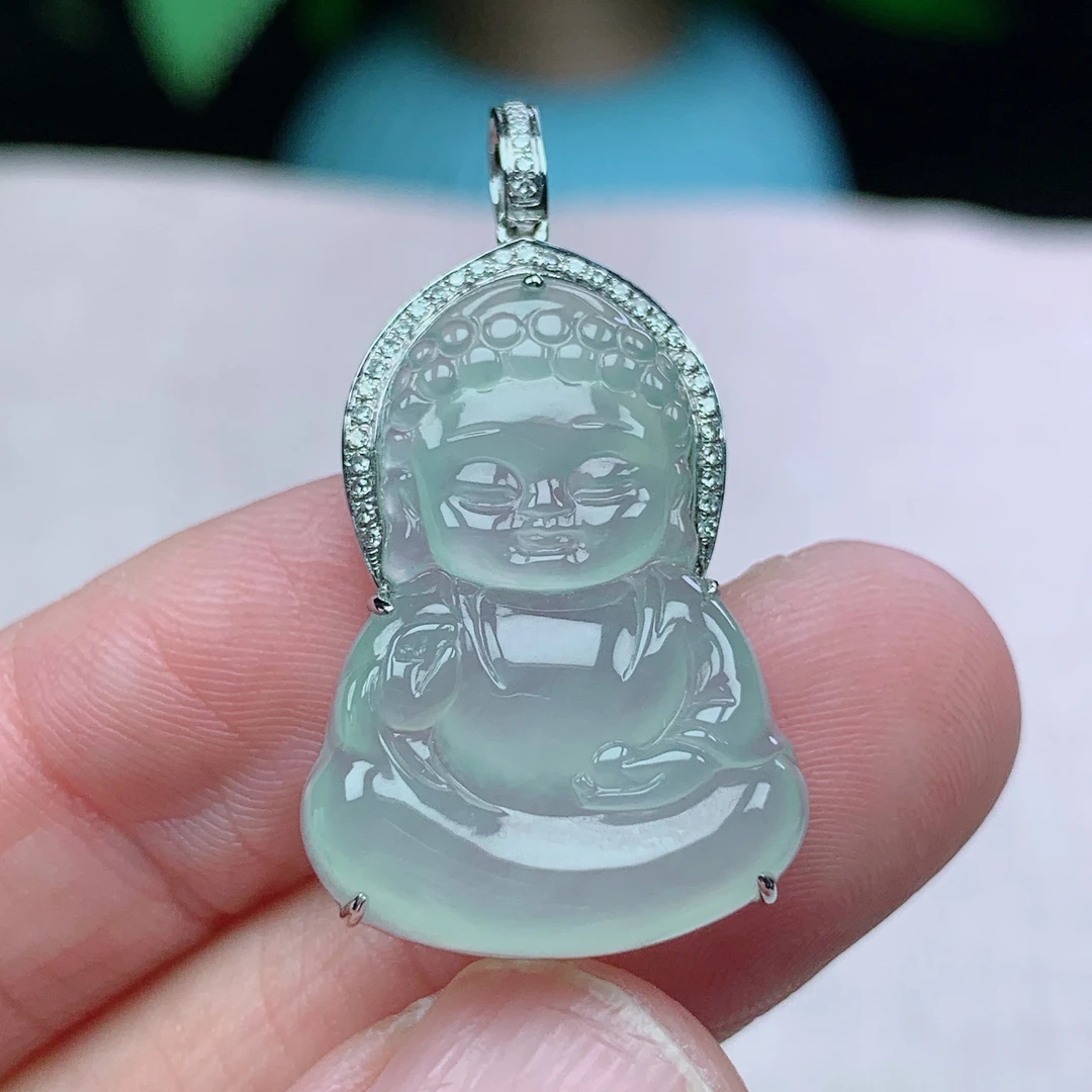 j缅甸天然翡翠A货27-18.6-7玉石18k金镶嵌老坑冰种白冰宝宝佛吊坠