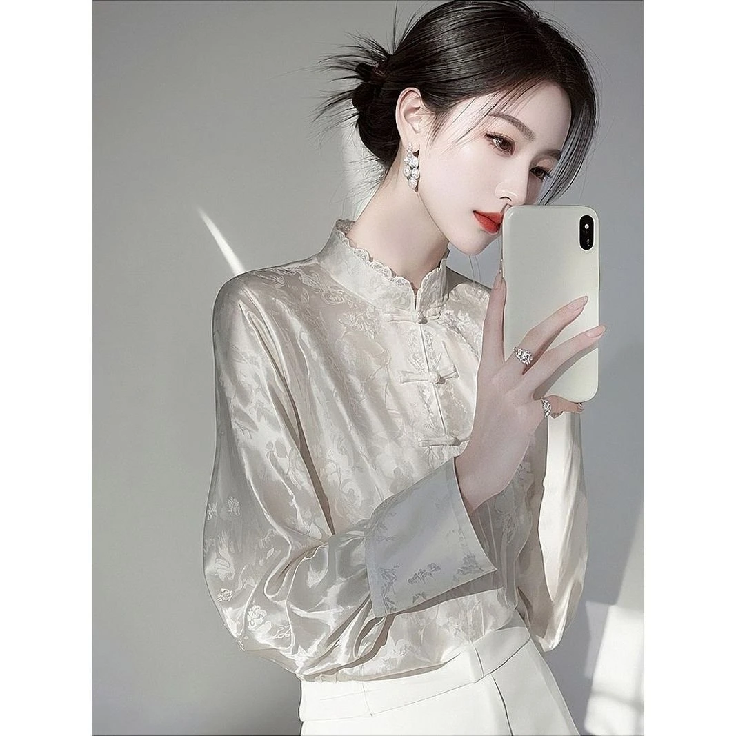 新中式国风提花蕾丝立领长袖衬衫女装春新款高级感气质上衣8899