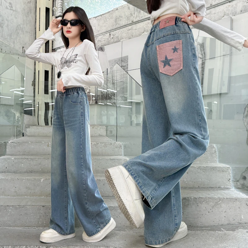 女童直筒牛仔裤春秋款裤子新款中大童6-12岁秋季款长裤显瘦阔腿裤