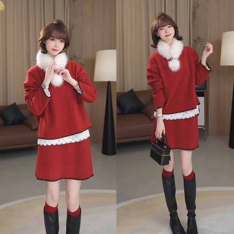 过年穿搭一整套2025年流行爆款蕾丝打底衫针织上衣高腰短裙三件套