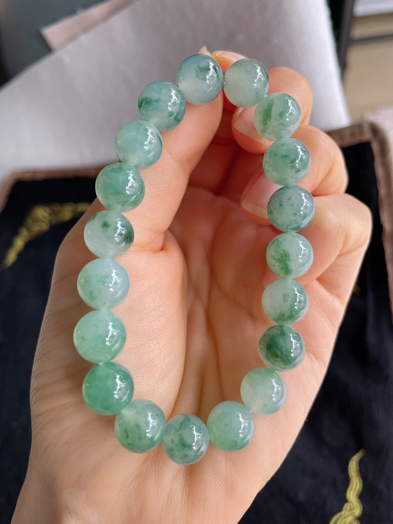 天然翡翠A货冰种满色浅绿飘花飘绿圆珠手串手链卡10mm-2588缅甸