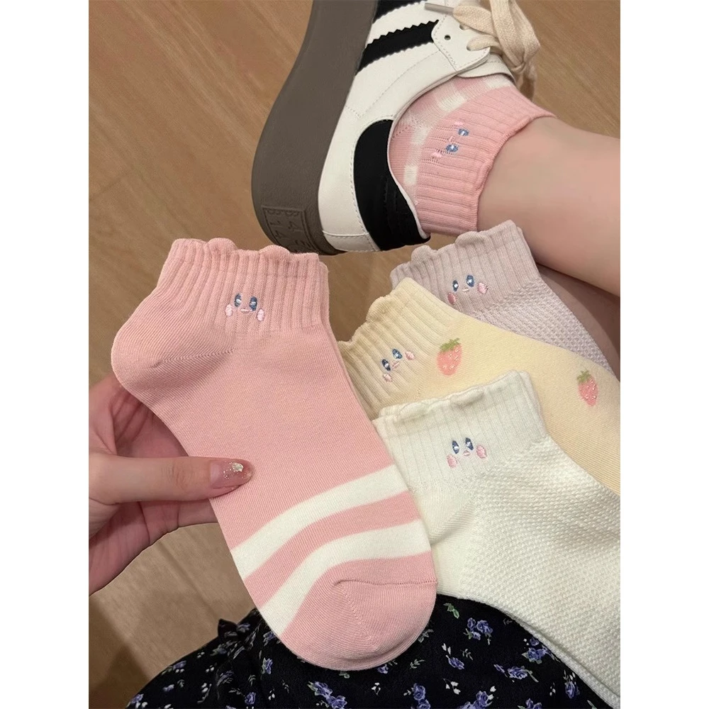 粉色卡通袜子女春夏短筒可爱刺绣不掉跟甜美学院风镂空网眼薄款