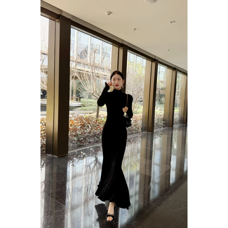 【南乔】步步生莲裙子针织鱼尾连衣裙女高领秋冬加绒修身高腰长裙子