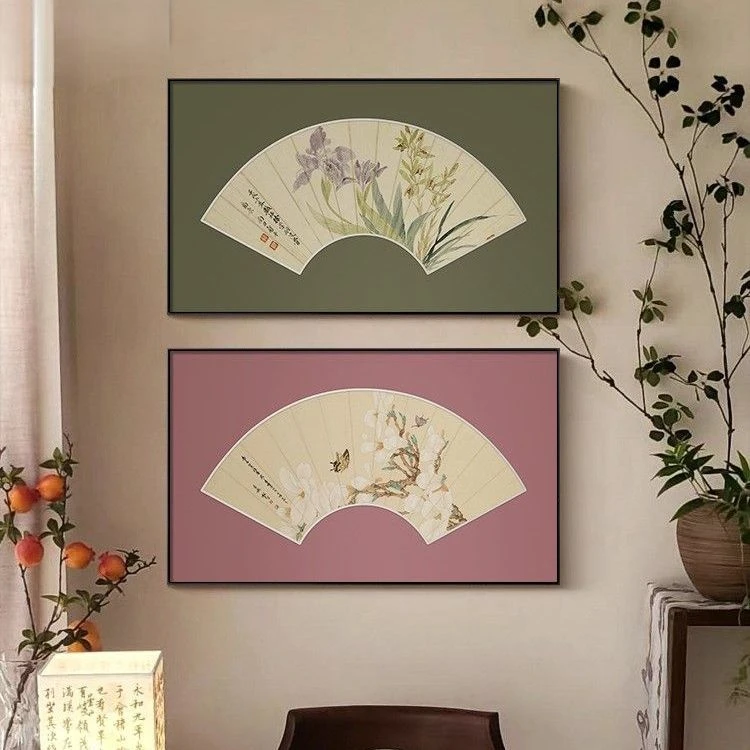 扇形花鸟图茶室书房装饰画国风古典沙发背景墙挂画新中式禅意壁画