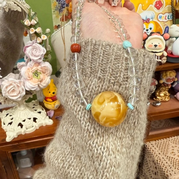 卡29.5天然原矿俄料蜜蜡妖孽溶洞圆珠珠链款颈饰