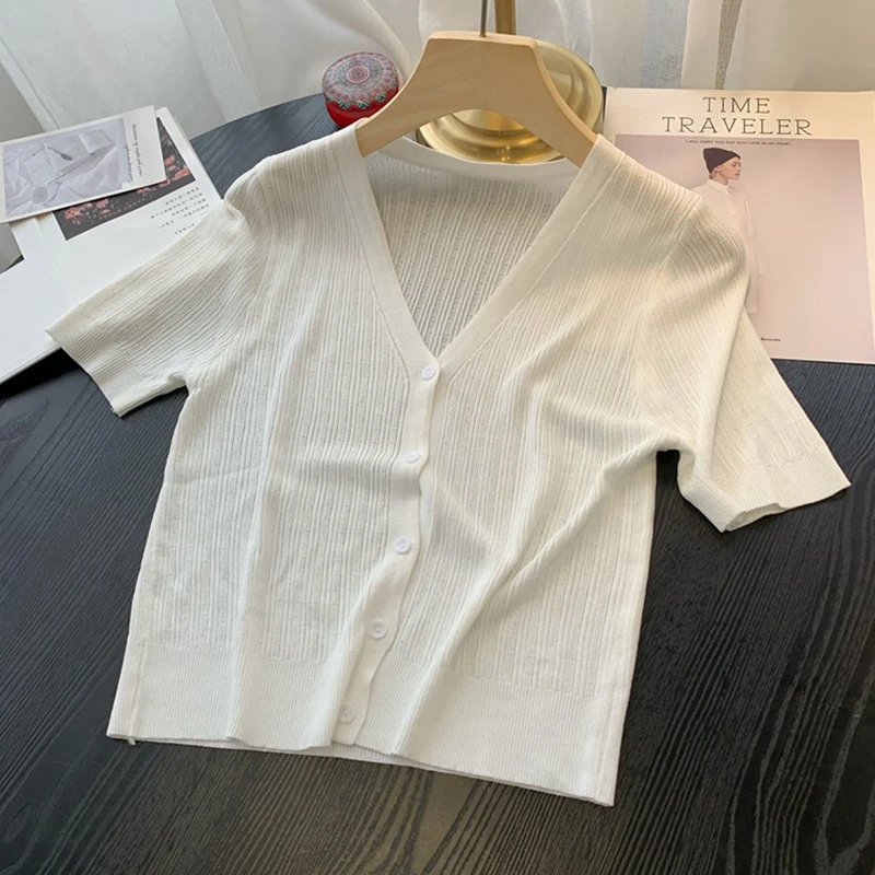 冰丝针织短袖开衫女薄款夏季百搭v领吊带外搭白色空调衫披肩外套