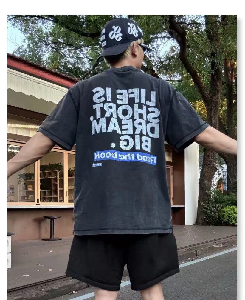 美式时尚街头字母复古做旧潮流夏季个性圆领T恤