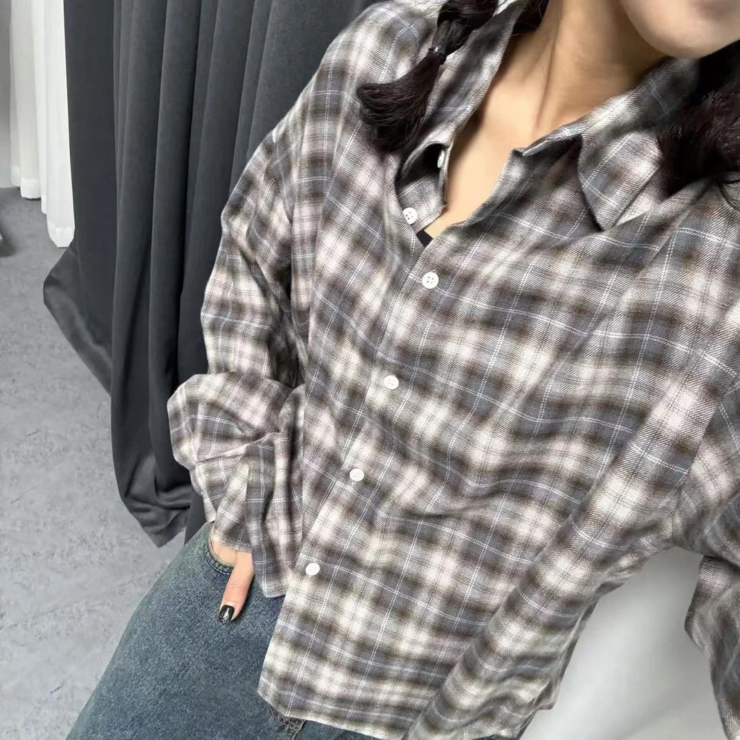 ｛귤 언니｝br复古棕蓝调格子衬衫