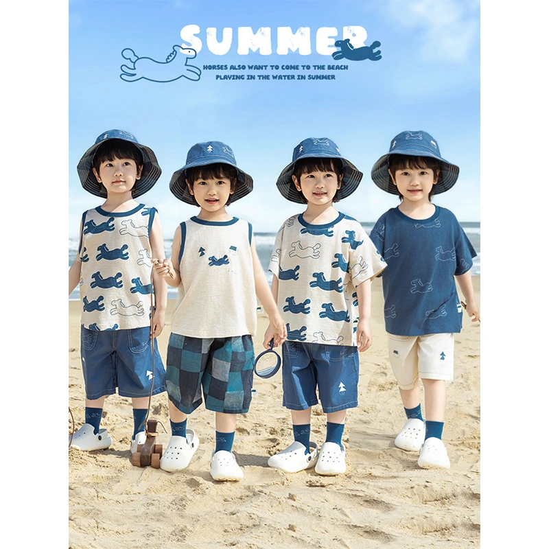 幼悠男童夏季新款清凉无袖背心短袖圆领t恤宽松短裤小马印花套装