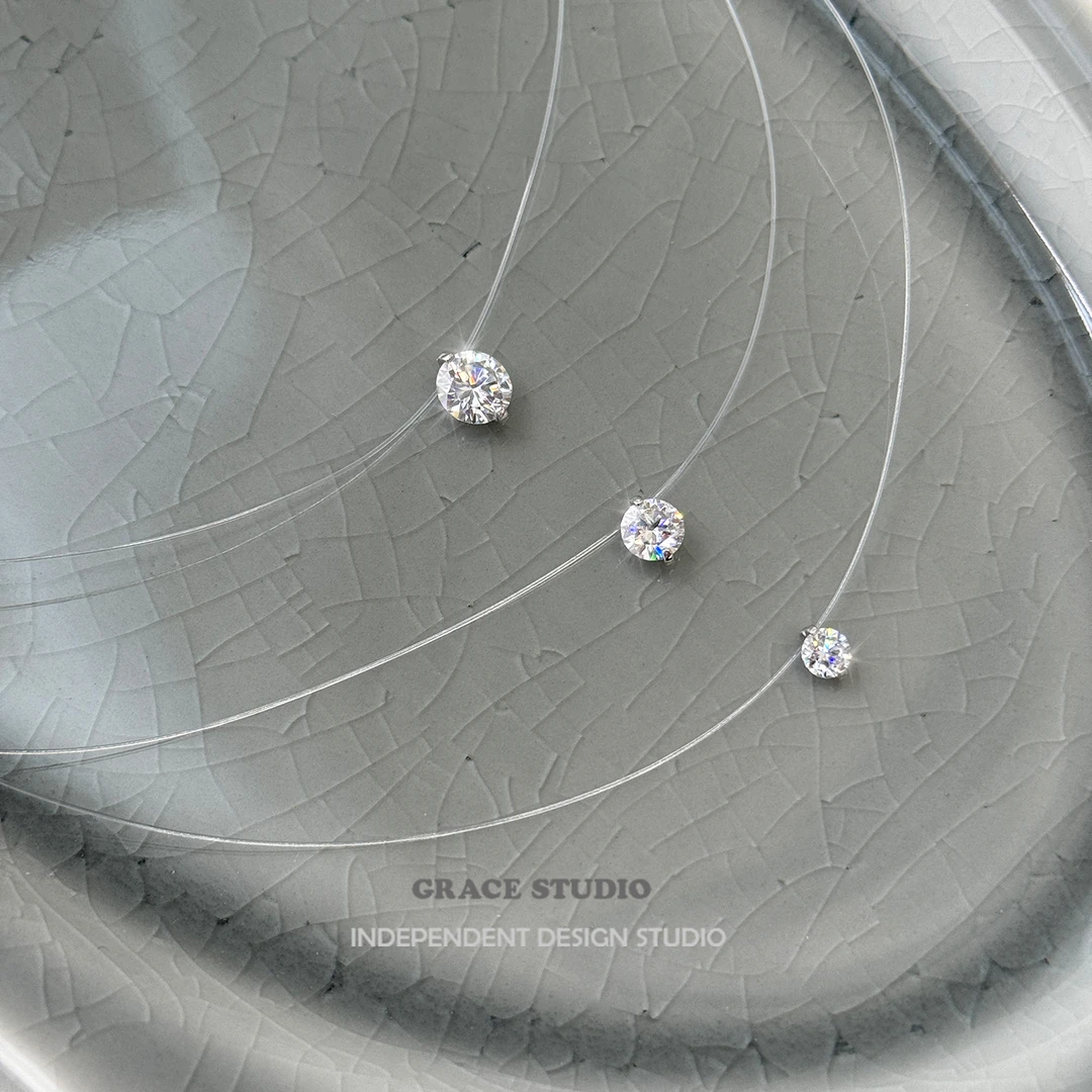 非金属莫桑石项链 透明鱼线莫桑钻项链人鱼泪锁骨链胡曼黎同款