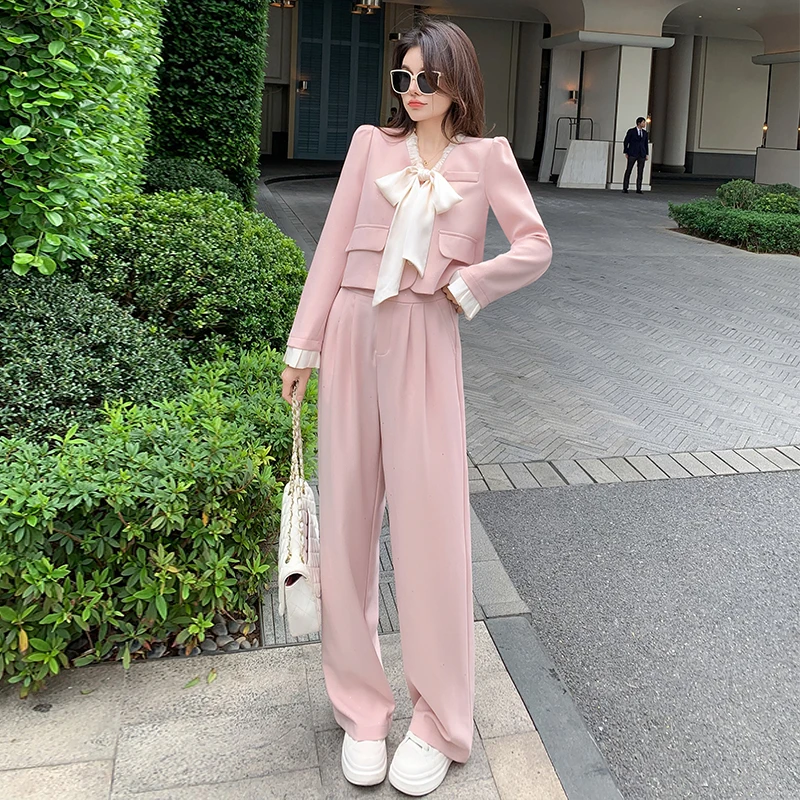 小香风粉色套装女春秋2025新款盐系减龄气质休闲运动阔腿裤两件套