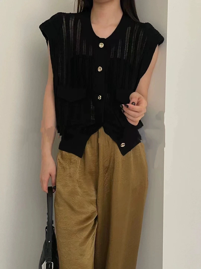 春夏新款2025欧洲站小香风韩系垫肩时尚百搭毛衣马甲外套1340