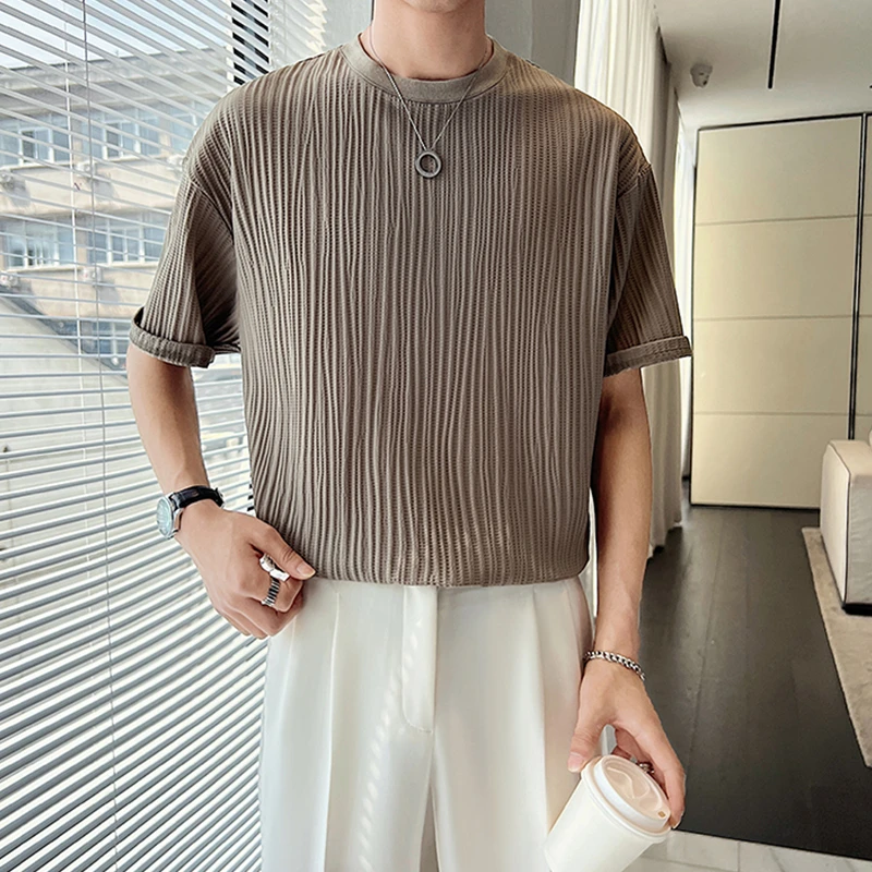 冰丝小众褶皱纯色短袖男垂感宽松夏季潮流肌理感韩版休闲圆领T恤