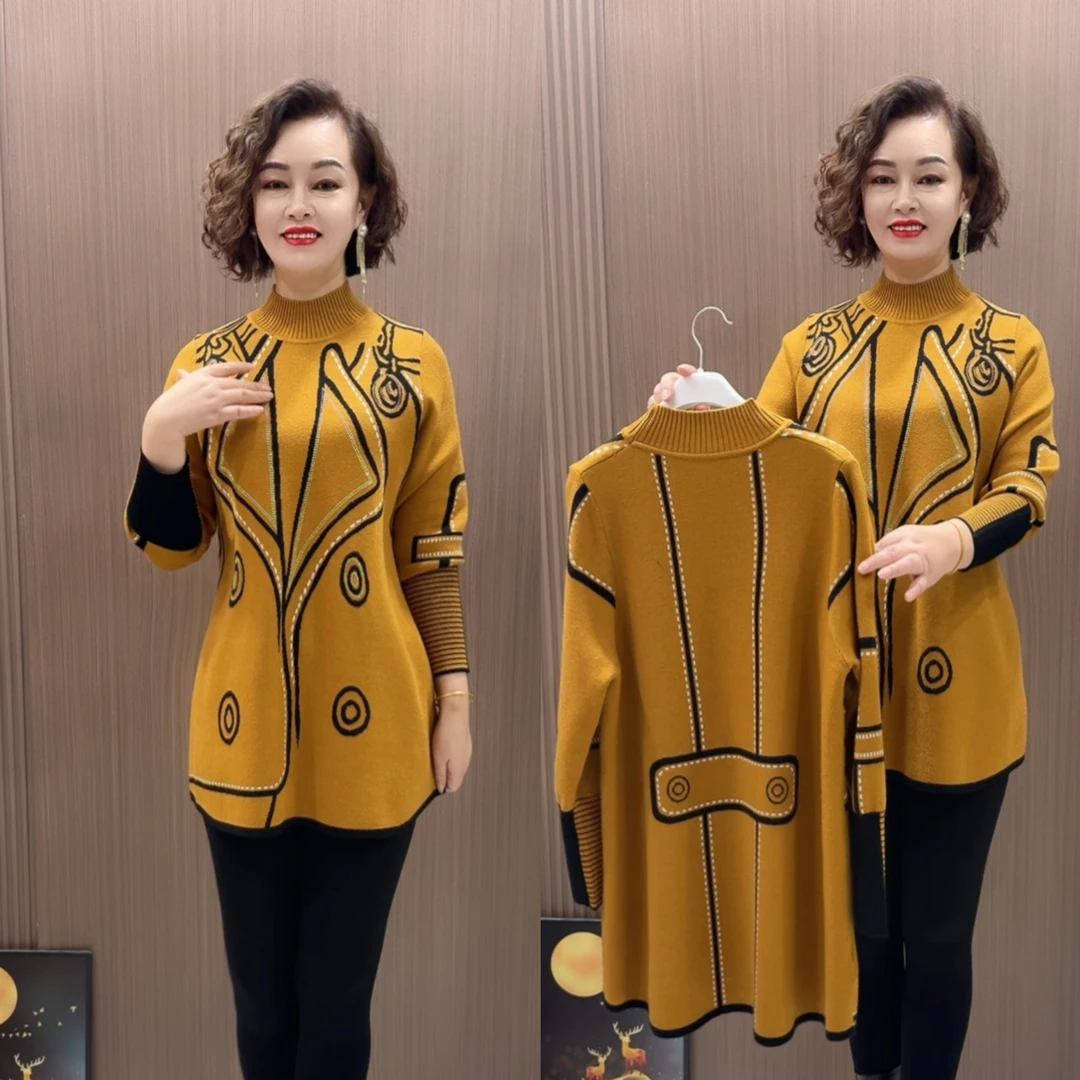 Xe时尚秋冬中长款半高领针织宽松遮肚显瘦打底衫