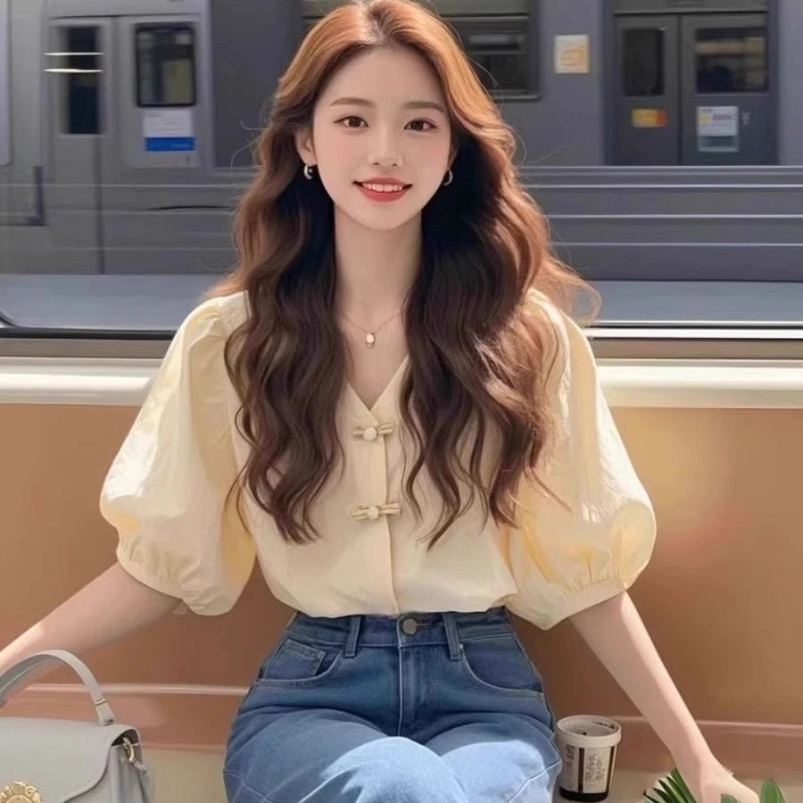 伊包zhij新中式杏色长袖衬衫女夏季轻奢高级感温柔气质法式泡泡袖