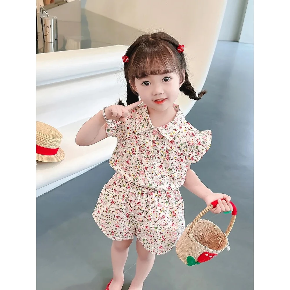 2025新款女童夏装套装夏装小童网红爆款短袖短裤碎花洋气两件套潮