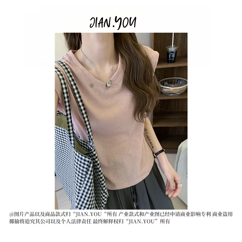 JIANYOU-[侧捏褶皱设计]2025年夏季新款女修身亚麻休闲T恤P-81730