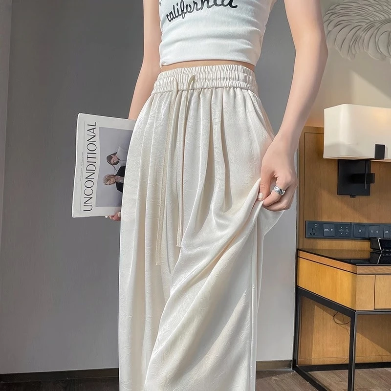 新中式缎面提花冰丝凉凉裤女夏季新款薄款小个子阔腿防晒休闲裤子