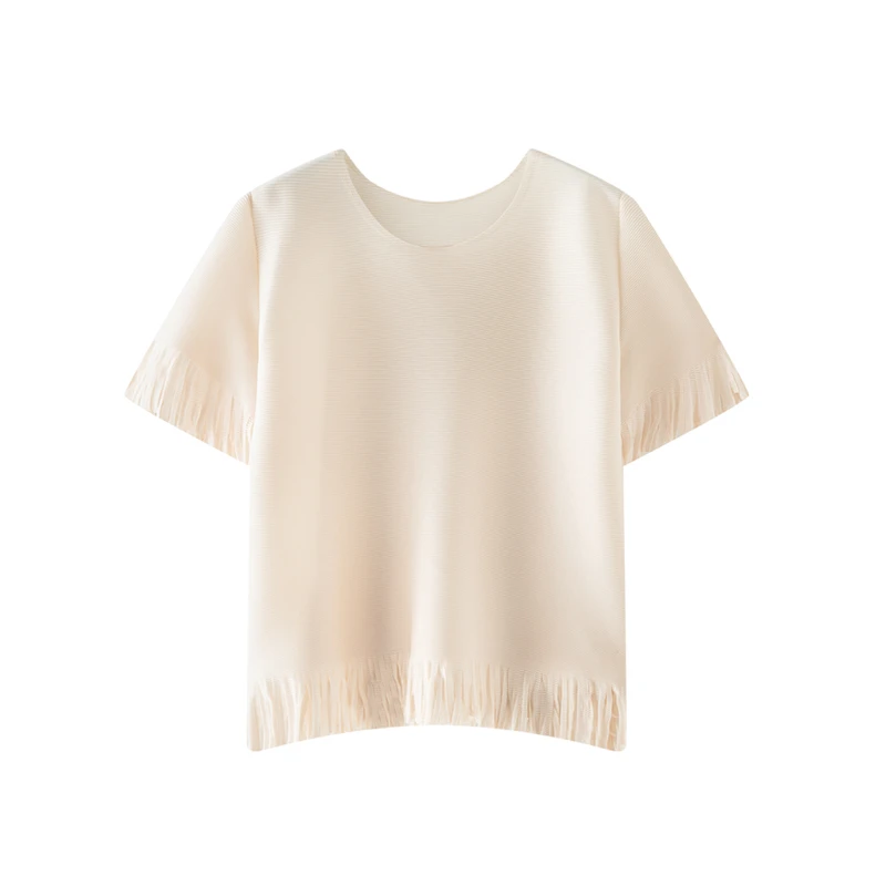 褶之初设计感小众纯色流苏短袖T恤女2025夏新款宽松显瘦三宅上衣