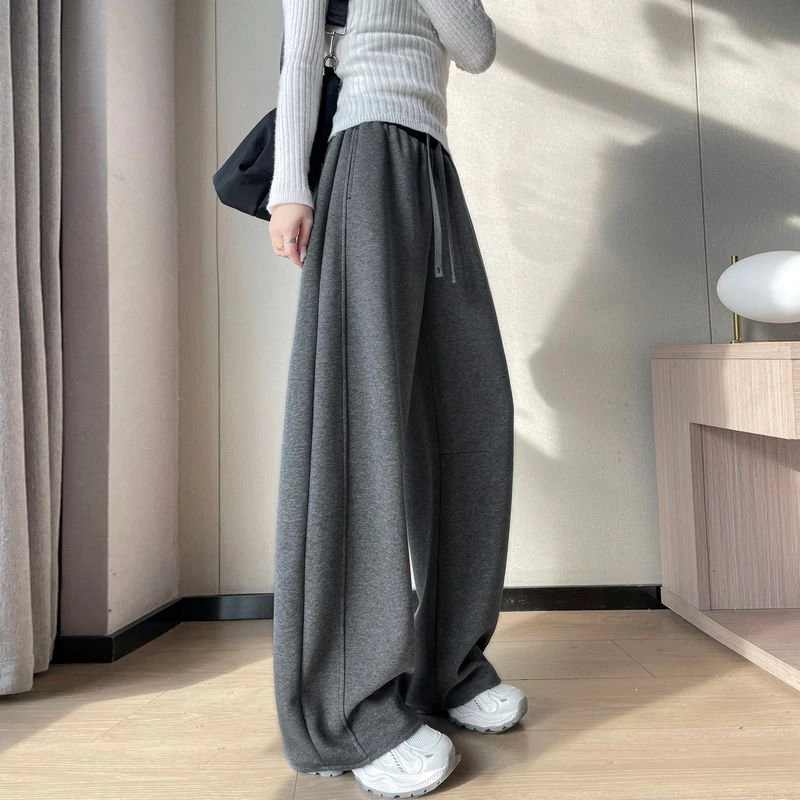 现货2025秋冬新款加绒休闲直筒卫裤运动裤高腰弯刀裤窄版阔腿裤女