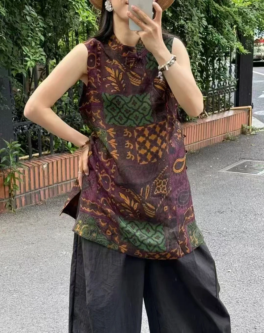 【四姐家】偏襟盘扣拼色腰果花中式上衣 03566