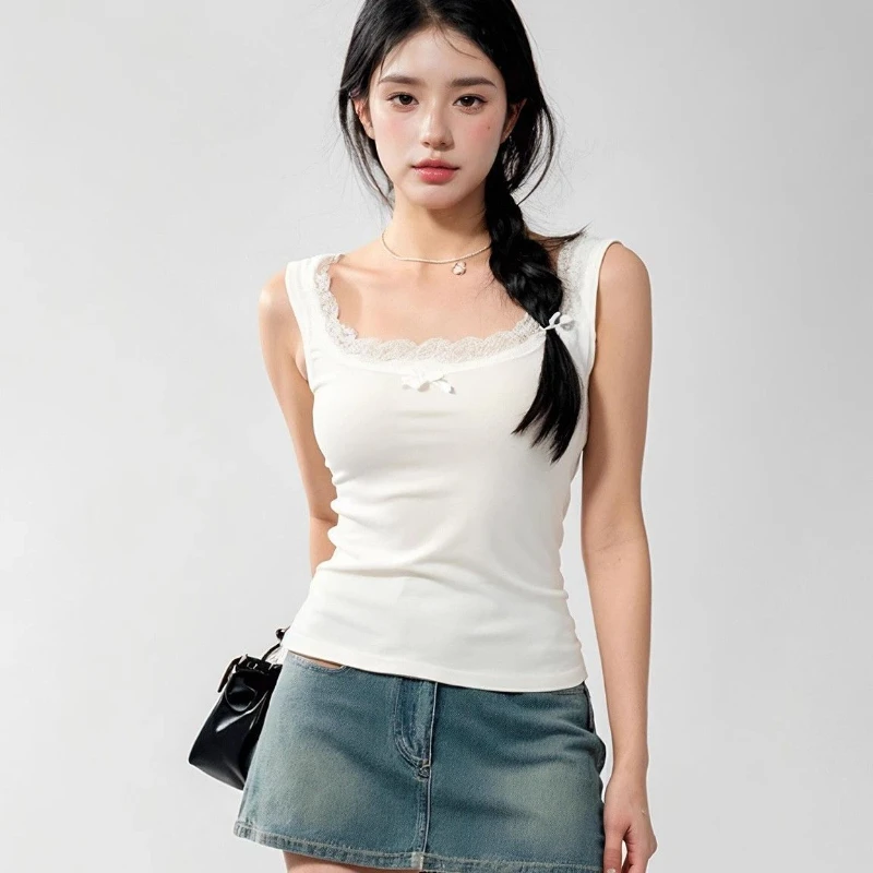 法式白色蕾丝吊带背心女外穿2025新款韩版甜美修身短款无袖上衣