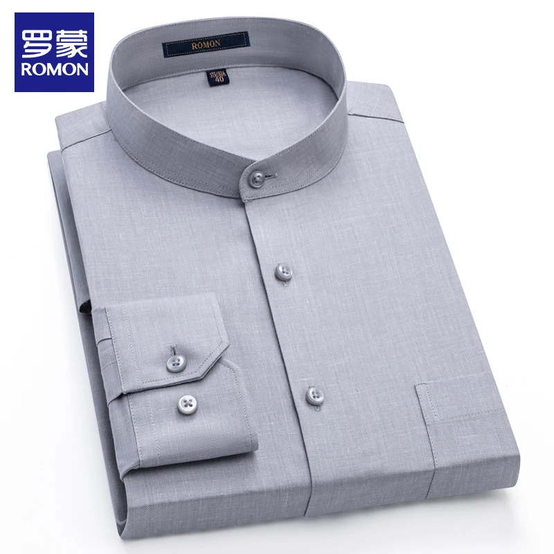 罗蒙中国风立领灰色衬衫男士新款休闲长袖衬衣商务男装春秋抗皱